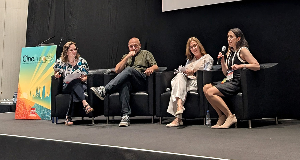 Cathy Huis in ’t Veld-Esser, Gofilex CTO and co-owner, Harry Bakas, Business Development and Marketing Manager at Village Cinemas Greece, Almudena Fernández-Golfín of the Federación de Cines de España (FECE) and Omdia analyst Charlotte Jones, during the UNIC Focus Session, "Audience Engagement Across Europe: What Really Works?" at CineEurope 2026 in Barcelona, Spain on June 24, 2026.