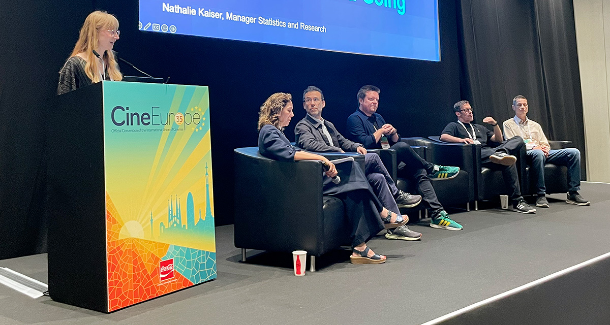 Nathalie Kaiser, Rentrak Manager, Statistics and Research, Cathy Huis in ’t Veld-Esser, Gofilex CTO and co-owner, Miguel Rivera, Cinépolis Group VP Global Film Programming and Content, Johnny Carr, Vue International Head of Event Cinema and Distribution, Marc Allenby, CEO of Trafalgar Releasing, and Paul Huis in ’t veld, Gofilex CEO, during the ICTA Focus Session, "How Event Cinema, Live Experiences & Streaming Technology Are Set to Transform Cinema-Going" at CineEurope 2026 in Barcelona, Spain on June 23, 2026.