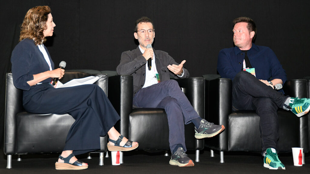 Cathy Huis in ’t Veld-Esser, Gofilex CTO and co-owner, Miguel Rivera, Cinépolis Group VP Global Film Programming and Content, and Johnny Carr, Vue International Head of Event Cinema and Distribution, during the ICTA Focus Session, "How Event Cinema, Live Experiences & Streaming Technology Are Set to Transform Cinema-Going" at CineEurope 2026 in Barcelona, Spain on June 23, 2026.