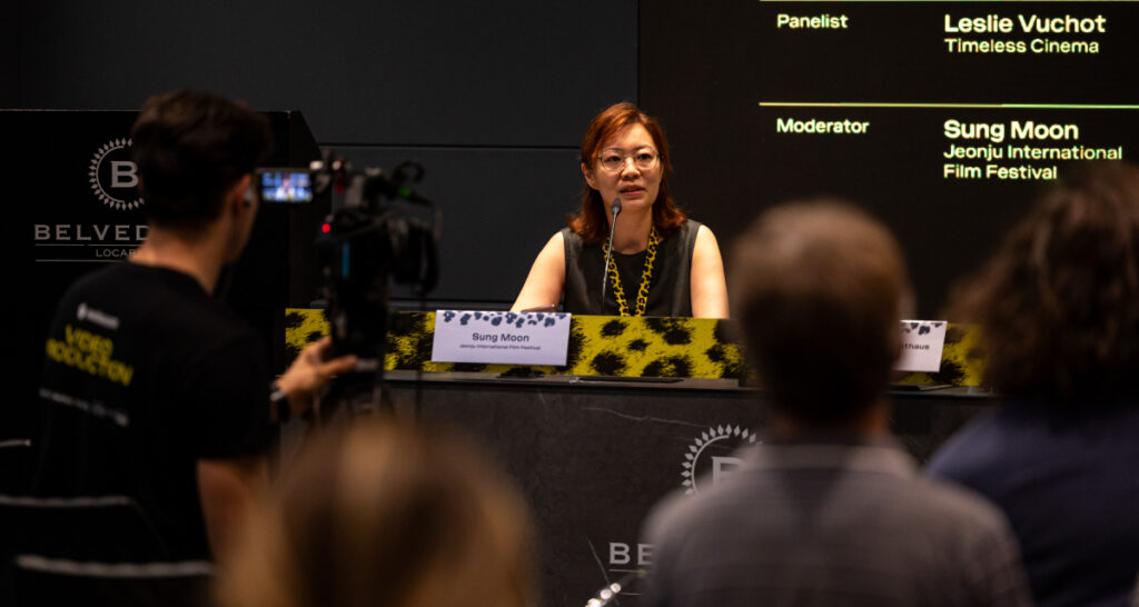 Sung Moon, of the Jeonju International Film Festival, moderated Locarno Pro’s Heritage Monday roundtable, “How Classic Cinema Finds New Audiences" on August 10, 2026. (Photo: courtesy of Locarno Film Festival/Ti-Press)