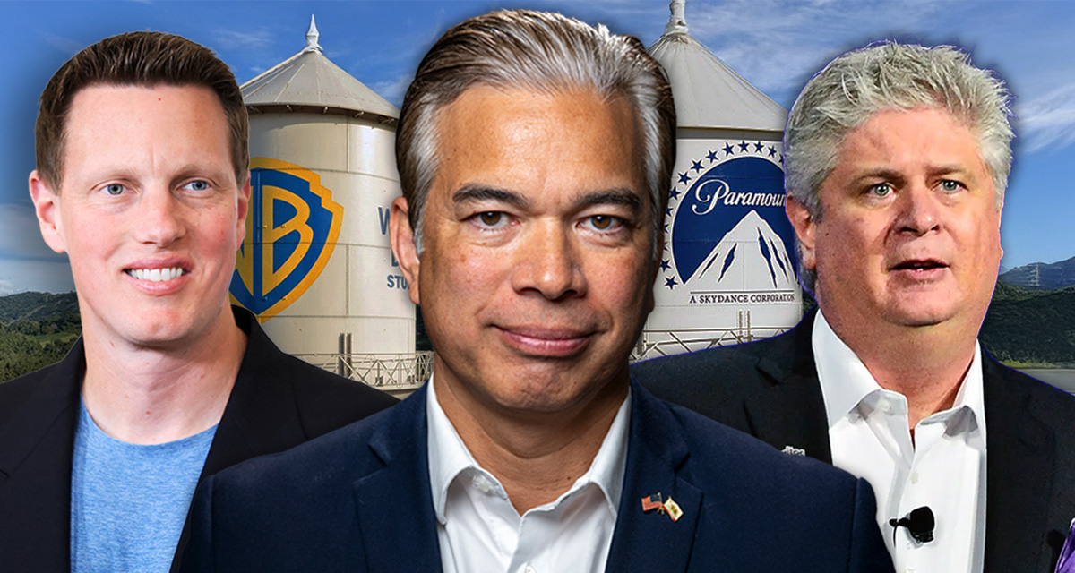 (From left) Paramount Skydance CEO David Ellison, California Attorney General, Rob Bonta, Cinema United President & CEO, Michael O'Leary