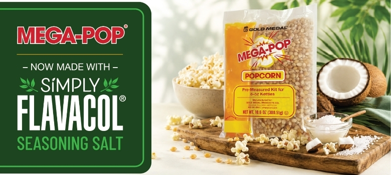 Gold Medal Products updates its Mega Pop Kits with Simply Flavacol, a popcorn seasoning free of artificial flavors and colors