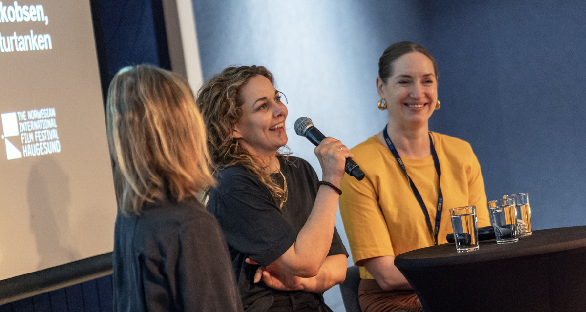(From left) Moderator Cathrine Jakobsen led the case-study discussion during the "Youth, Trends and Taboos on Films" seminar at Haugesund 2026. Silje Salomonsen, co-director of “Back to Tottori,” and Norwegian distributor Linn Barholt participated in seminar on August 25, 2026. (Photo: Grethe Nygaard)