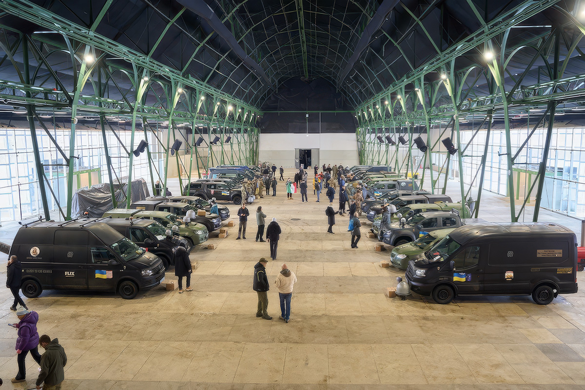 Vehicles preparing for a NAFO Convoy, a 30 hour journey from Tallinn, Estonia to Kyiv, Ukraine where they will be turned over to the Ukrainian military. Note the Flix Brewhouse medivac van on the left.