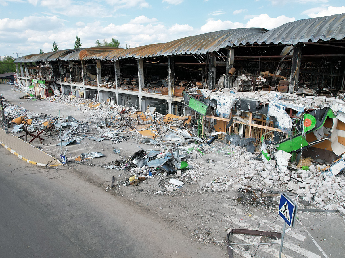 The Giraffe Mall in Irpin, Ukraine after it was destroyed by Russian bombs in April of 2022.