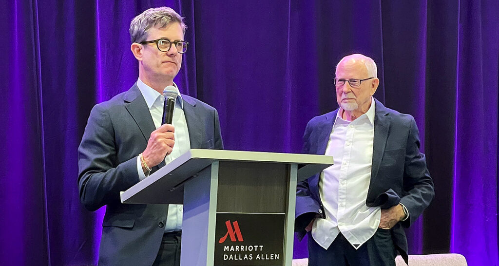 Todd Halstead of Cinema United (left) receiving the Byron Berkley Leadership Award from Byron Berkley during CinéShow 2026 in Dallas, Texas on August 25, 2026.