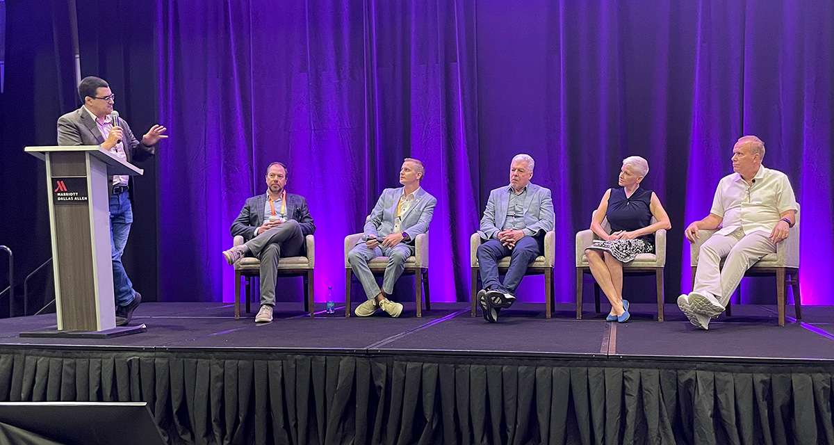 (From Left) Daniel Loria of Boxoffice Pro, Adam Rymer from Regal, Brock. Bagby of B&B Theatres, Valmir Fernandes from Cinemark, Nicole Woods of RealD and Rolando Rodriguez from Lumma, during CinéShow 2026 in Dallas, Texas on August 25, 2026.
