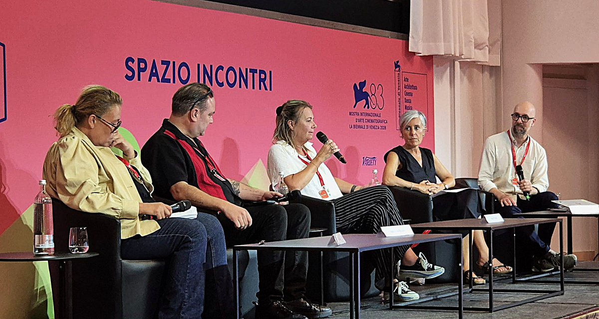 (From left) Moderator Iris Cadoux, project manager, Eurimages; Jean-Yves Roubin, founder, Frakas Productions; Susan Wendt, managing director, TrustNordisk; Nadia Trevisan, CEO, Nefertiti Film; and moderator Thierry Hugot, programme manager, Eurimages. The group participated in the “From Film to Audience: Lessons from Two Years of Eurimages Marketing Support” panel discussion held on 4 September at the Venice Production Bridge. (Photo: Davide Abbatescianni)