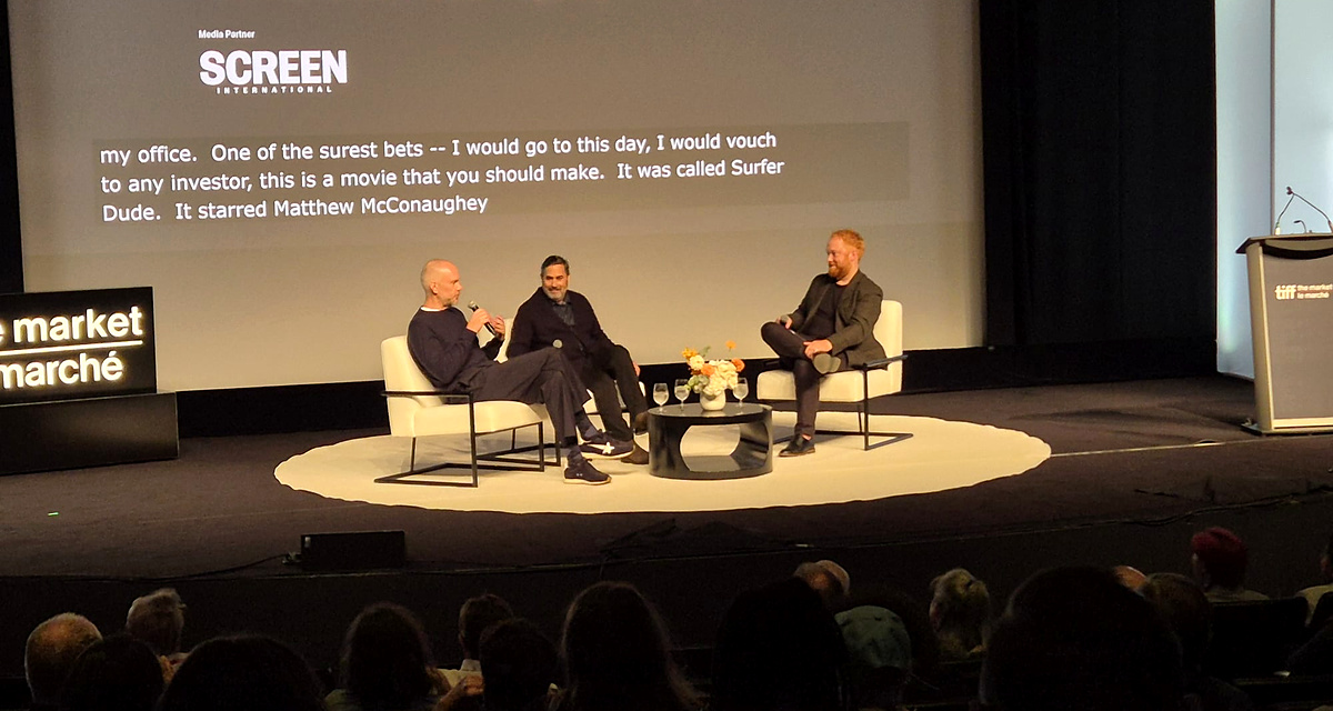 (From left) Roeg Sutherland, co-head of the Media Finance department and co-head of the International Film Group, and Glen Basner, founder and CEO of FilmNation Entertainment in conversation with moderator Geoff Macnaughton during the “Perspectives: The Global Sales Playbook” panel at TIFF: The Market. The session was held on 12 September. (Photo: Davide Abbatescianni)